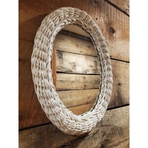 Vintage 1970s White Wicker Oval Wall Mirror 14"x11" Boho Cottagecore